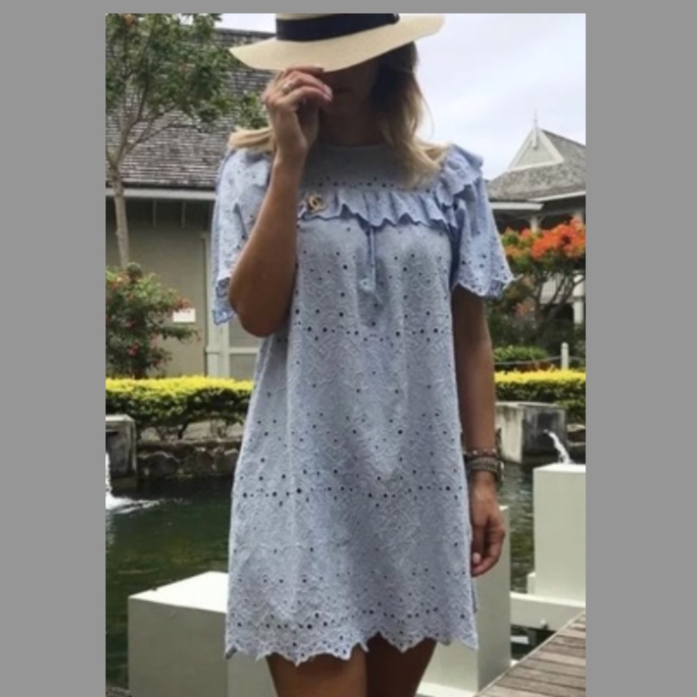H&M Baby Blue Floral Lace Embroidered Cut Out With Ruffles Detail Dress